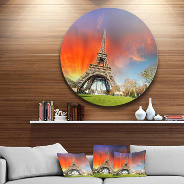 Paris Eiffel TowerUnder Colorful Sky - Architecture Round Metal Wall Art